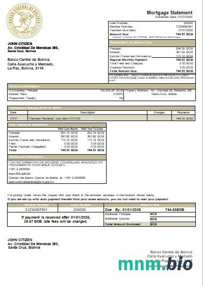 Boliwia Bank Centralny Boliwii wyciąg z kredytu hipotecznego szablon Word i PDF